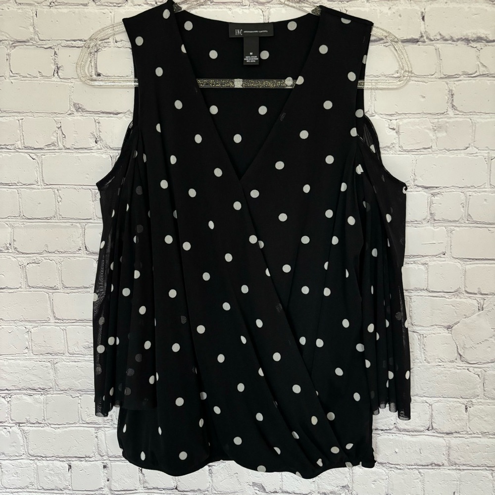 INC Long Sleeve Cold Shoulder Polka Dot Surplice Top--EUC--M - Picture 4 of 14